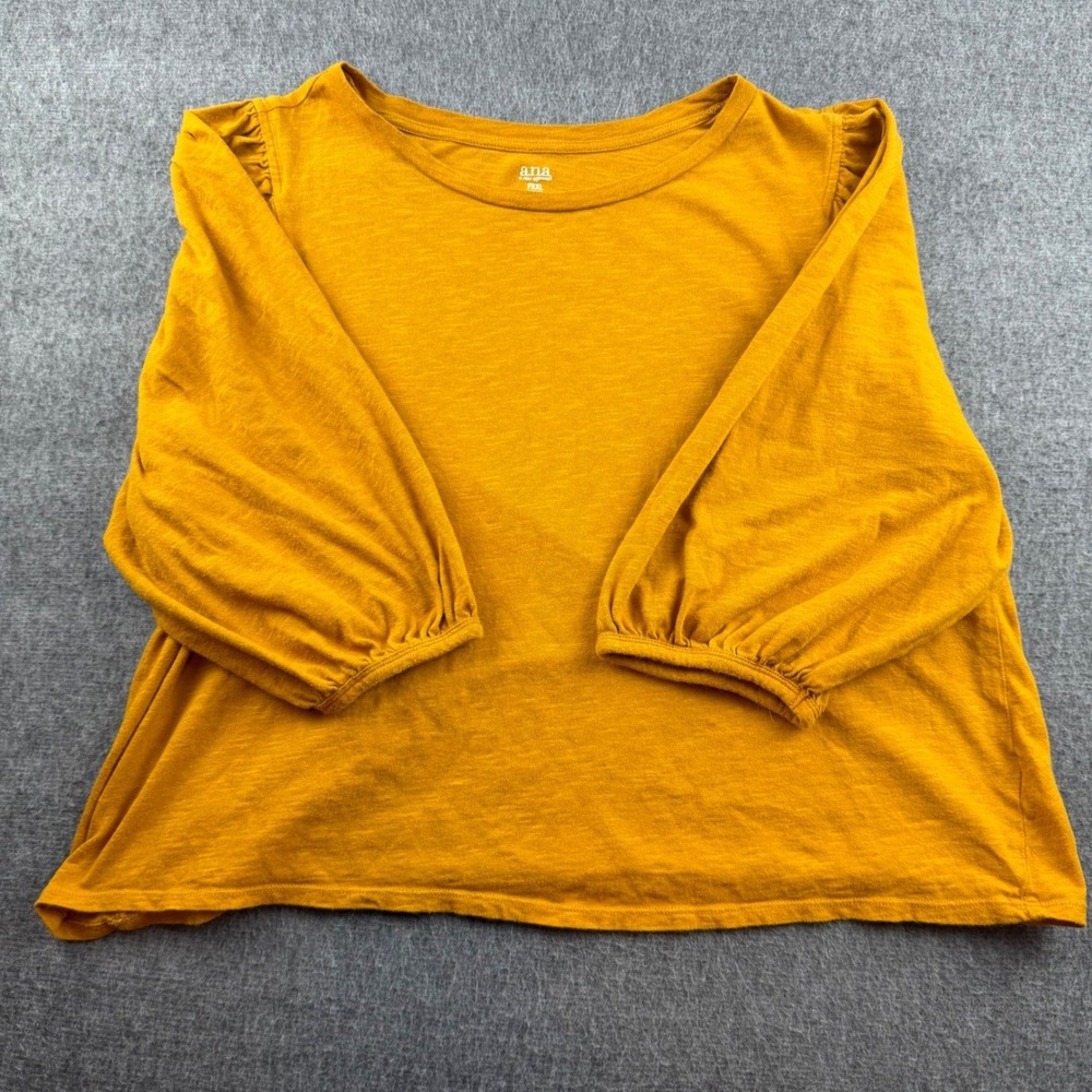 a.n.a Top Women PXXL Yellow 3/4 Puff Sleeve Cotton Slub Knit Scoop Neck Petite
